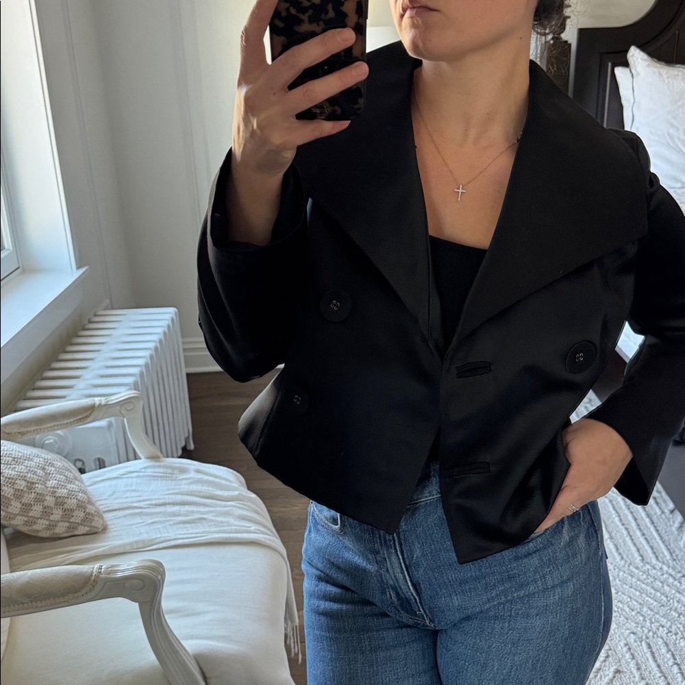 INC International Concepts Black Vintage Cropped Jacket Satin Blazer